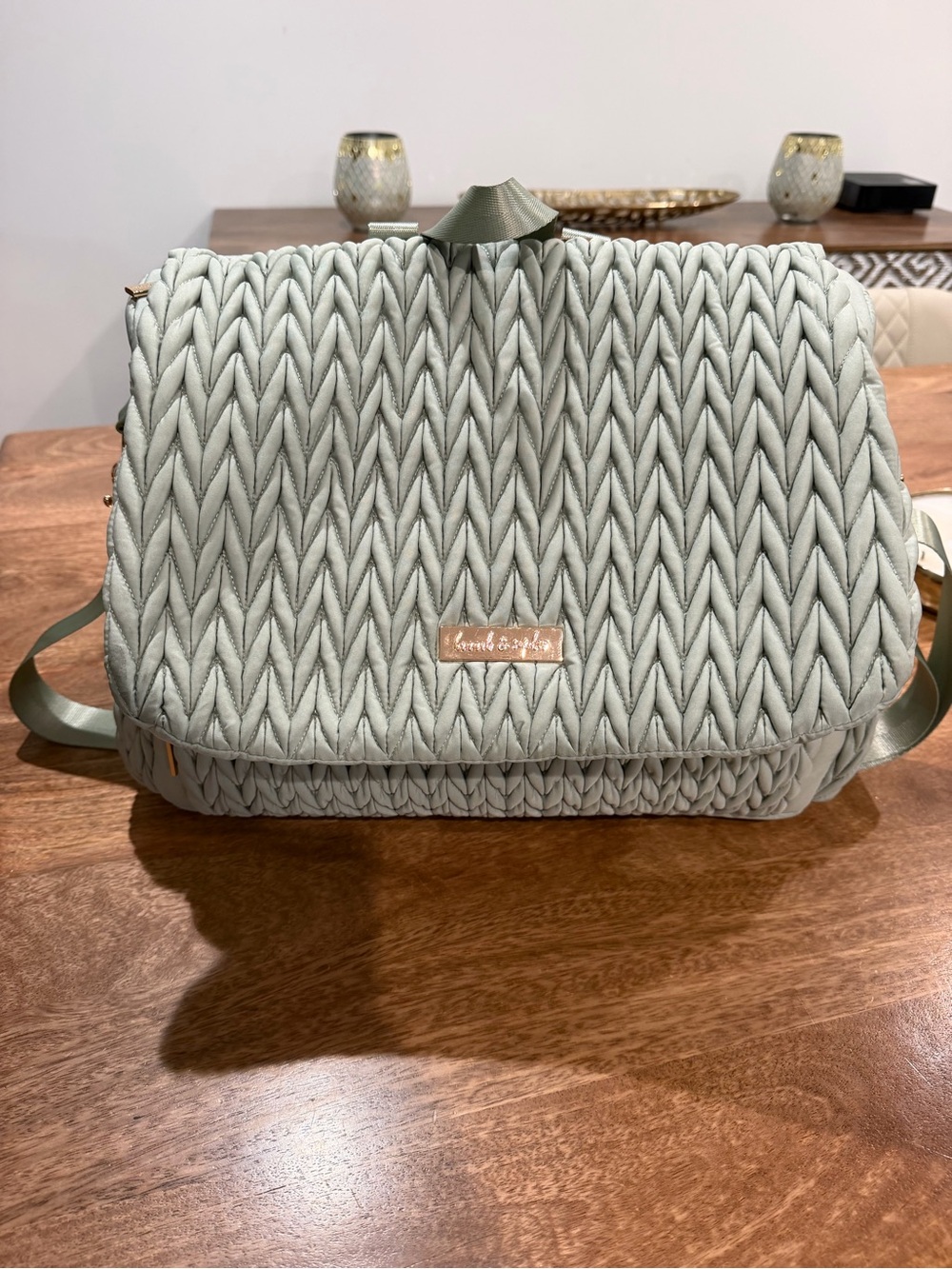 Mommore Quilted Sage Green Diaper Bag Backpack and shoulder strap